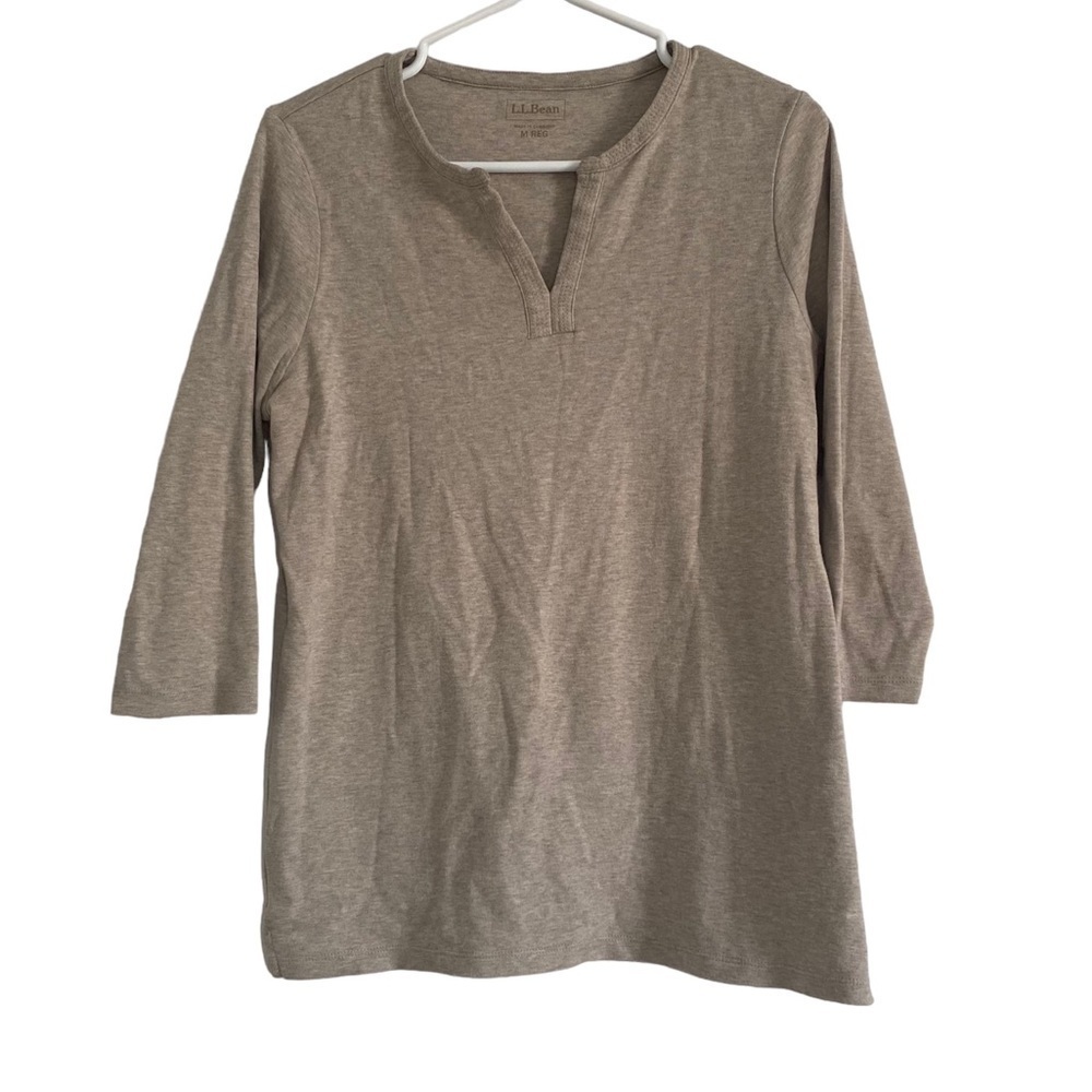 L.L. Bean Women Cream Splitneck Quarter Sleeves 100% Cotton Tunic Tee Size M